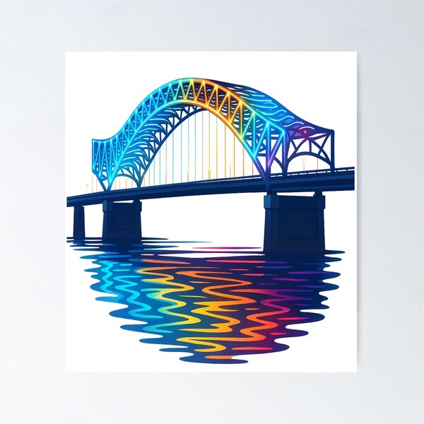 Colorful illustration of the Memphis bridge reflected in the Mississippi River